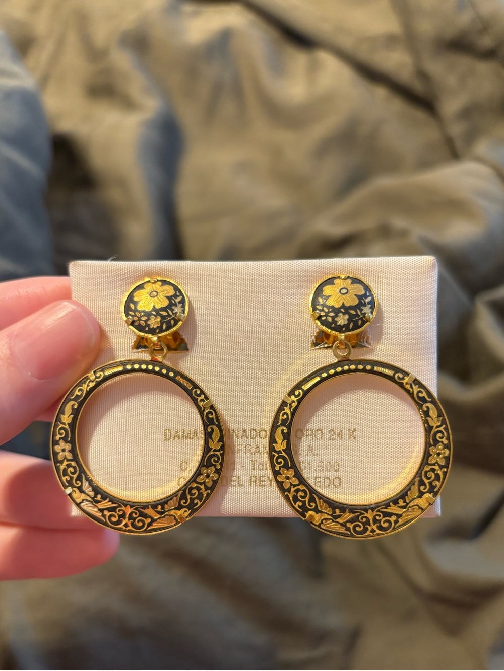 Vintage 24K Gold Toledo Damascene Bird & Floral Statement Clip-On Earrings
